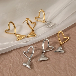 Polished stainless steel heart drop earrings in gold, silver, and two-tone finishes