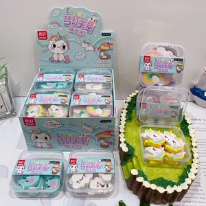 Close-up of unicorn themed eraser set in display box with creative stationery packaging