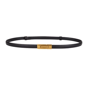 Slim black genuine leather belt for women with elegant gold rectangular buckle detail
