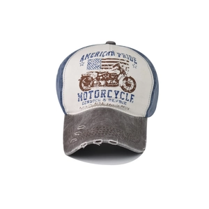 Vintage washed cotton baseball cap with American Pride motorcycle print and distressed brim