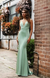 Elegant sage green satin evening dress with deep V-neck and mermaid silhouette