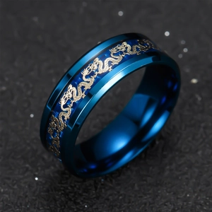Vintage stainless steel dragon ring for men in deep blue finish with gold dragon pattern