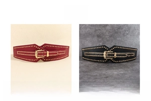 Detailed comparison of black and burgundy studded elastic belts with gold metal buckles