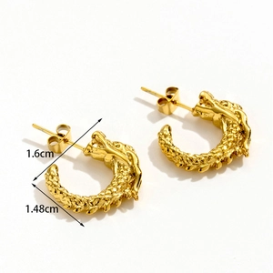 Golden dragon-shaped hoop earrings in vintage style stainless steel with size dimensions