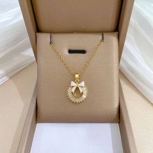 Titanium steel necklace set with bow and zircon ring pendant in jewelry box