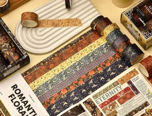 Detailed top view of vintage washi tape set featuring traditional floral and cloud patterns