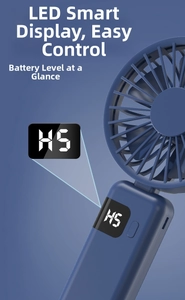 Detail of blue portable fan showing LED digital display screen and power level indicator