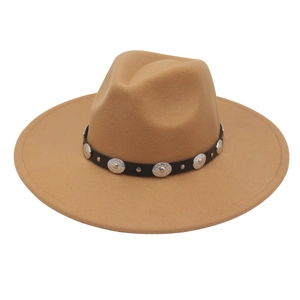 Camel wide brim wool felt fedora hat with studded leather band and metal discs