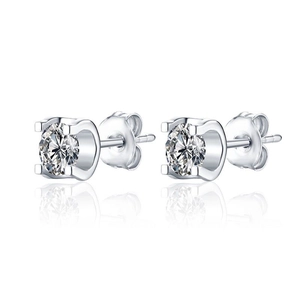 Detailed view of round brilliant-cut zircon earrings with S925 silver finish and reflections