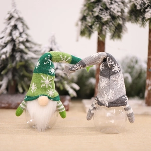 Christmas forest gnome candy jars with knitted hats and transparent plastic storage containers