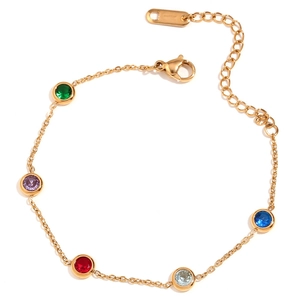 18K gold plated stainless steel bracelet with five colorful round cubic zirconia stones