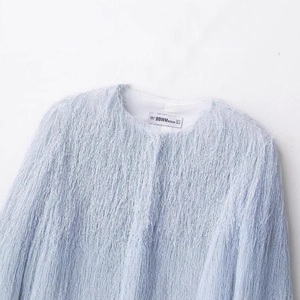 Light blue textured fringe jacket for women with high-quality lapel and woven neck label