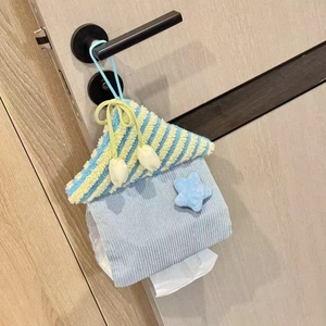 Cute star-shaped corduroy hanging tissue holder with blue stripes and floral pendants