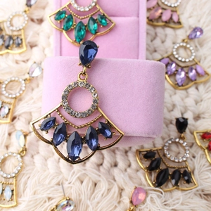 Bohemian fan-shaped pendant earrings with colorful crystals and vintage gold alloy frame