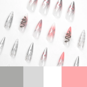 Pink gradient press-on nails with silver snake 3D metal art and flame patterns