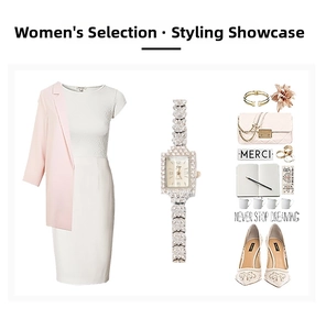 Chic styling with a square rhinestone watch, pink blazer, and elegant accessories