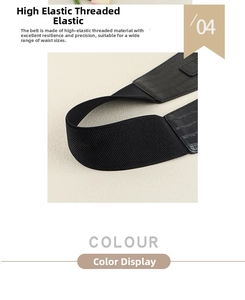 Detailed macro view of black wide elastic waist belt with crocodile pattern leather texture