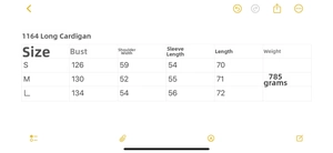 Detailed size chart for the leopard print oversized cardigan showing bust and length