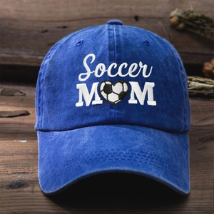 Vintage washed blue denim baseball cap with Soccer MOM heart embroidery for outdoor sports