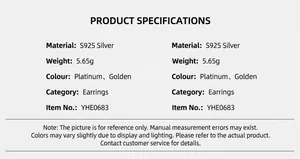 Detailed specifications for S925 silver handbag earrings with material and weight info
