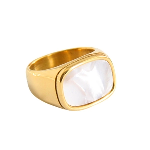 Minimalist 18K gold-plated square mother of pearl ring for women on a white background