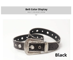 Detail of black glitter Western belt with sparkling rhinestones and metal eyelets