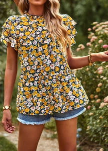 Floral yellow flutter sleeve top with ruffle cuffs and babydoll hem for women