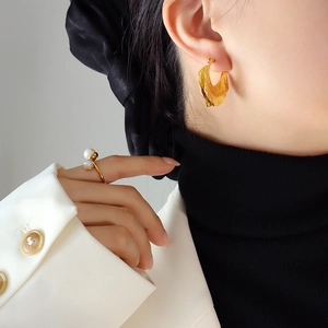 French style gold hammered textured lava earrings and double pearl open ring set