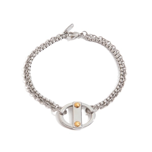 Minimalist dual-chain Cuban bracelet in silver and gold tones with geometric centerpiece