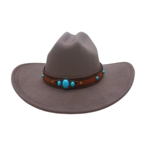 Detail of western cowboy hat with faux suede texture and turquoise stone leather band