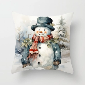 Detail of square Christmas pillowcase with watercolor snowman and pine tree pattern