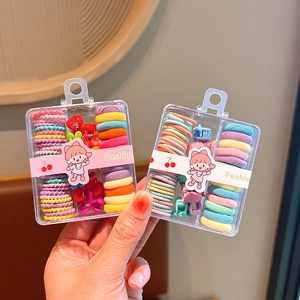 Kids hair accessory set with colorful elastic bands and mini clips in a storage box