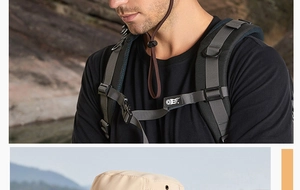 Détail du chapeau de soleil kaki imperméable avec cordon et sac à dos d'extérieur en nylon gris