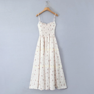 French floral sundress with lace details, ruched bodice and thin shoulder straps