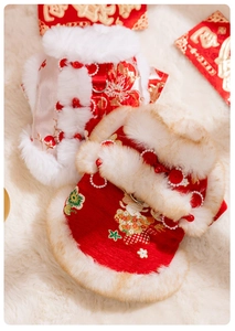 Detail of traditional Chinese New Year pet clothes with silk satin and faux fur collar