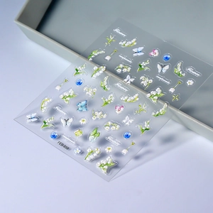 3D embossed lily of the valley nail art stickers with butterfly and floral designs