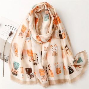 Cute Cartoon Cat Print Scarf Long Satin Cotton Polyester Shawl Lightweight Sunscreen Wraps Fringe For Women Fresh Style