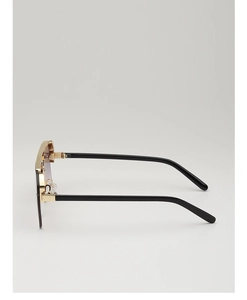 Side view of square browline sunglasses with gold metal frame and purple gradient lenses