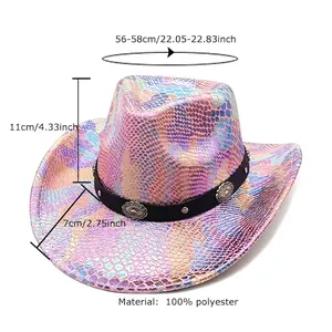 Size chart for rainbow snake print cowboy hat with dimensions and material details