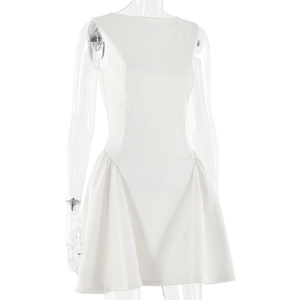 Detail of white sleeveless ruched dress with slim fit backless design on mannequin