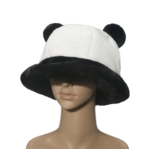 Plush panda bucket hat with cute 3D ears in black and white faux fur for winter warmth
