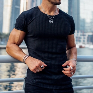 Men's black slim fit short sleeve T-shirt with vertical ribbed texture for gym and casual wear