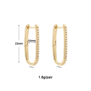 Detailed dimensions of gold oval hoop earrings with white zircon, 22mm height and 10mm width