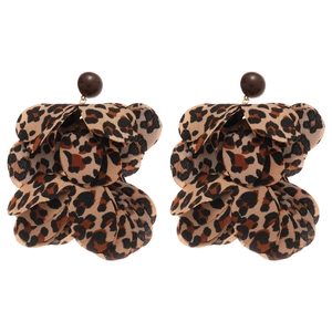 Exaggerated leopard print chiffon flower earrings with dark brown spherical beads