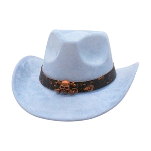 Detail of light blue felt cowboy hat with brown band and vintage skull metal emblem