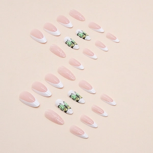 Elegant almond press-on nails with white French tips, butterfly art, and marble patterns.