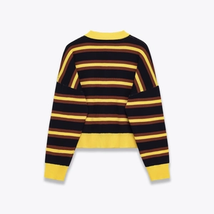 Casual striped knit polo shirt featuring yellow black and brown horizontal patterns