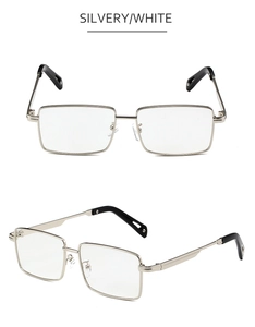 Close-up of silvery metal rectangular sunglasses with white lens details from dual angles
