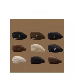Detail display of nine retro beret styles with gold rabbit and bear metal charms