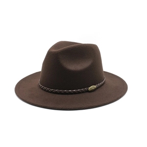 Classic dark brown fedora hat in wool felt with braided leather band and gold emblem